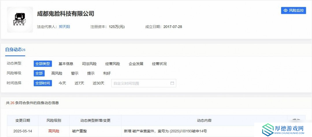 成都鬼脸科技破产重整，曾推灵魂潮汐等三款产品